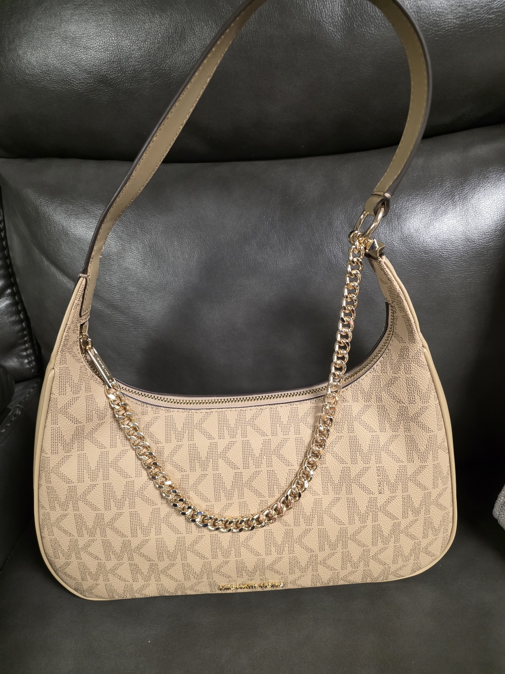 Michael Kors Tan MK Logo Lucinda Shoulder Bag with Gold Chain